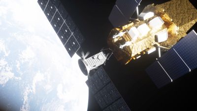 Artist's concept of Katalyst Space's robotic LINK spacecraft approaching NASA's Neil Gehrels Swift Observatory in low Earth orbit.