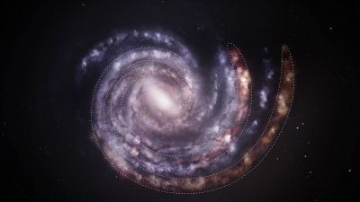 Ilustración artística que superpone las posiciones revisadas por Chandra de la NASA y XMM-Newton de la ESA de los brazos espirales Exterior y Exterior Scutum-Centaurus de la Vía Láctea sobre el modelo previo de la galaxia vista de frente.