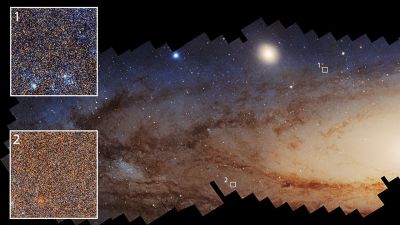 Vista del Hubble de parte de la galaxia de Andrómeda (M31) que muestra su disco, banda de polvo, y la galaxia satélite M32.