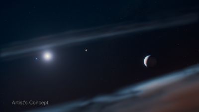 Imagen NIRSpec del sistema Beta Pictoris: luz estelar bloqueada en el centro, planeta Beta Pictoris b a la izquierda, el nuevo Beta Pictoris d a la derecha; el círculo discontinuo marca la órbita de Neptuno como escala.