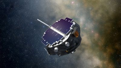 Artist's illustration of NASA's IMAP spacecraft observing the heliosphere boundary.