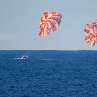 NASA’s Orion spacecraft with Artemis II crewmembers NASA astronauts Reid Wiseman, commander; Victor Glover, pilot; Christina Koch, mission specialist; and...