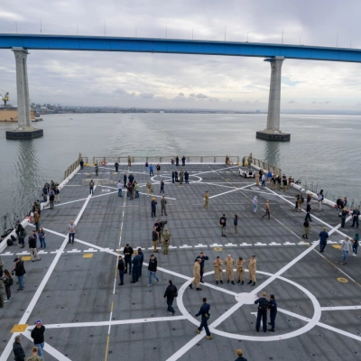 USS John P. Murtha (LPD 26) departs Naval Base San Diego with NASA, U.S. Navy, and U.S. Air Force teams...