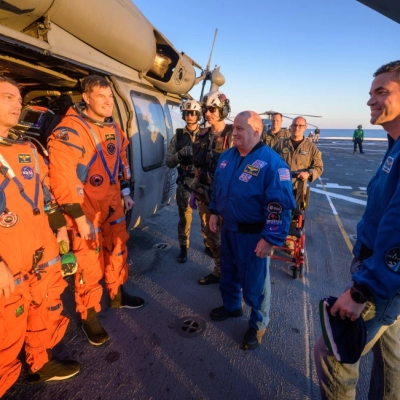 NASA astronaut Victor Glover, Artemis II pilot, left, and CSA (Canadian Space Agency) astronaut Jeremy Hansen, Artemis II mission specialist,...
