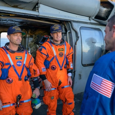 NASA astronaut Victor Glover, Artemis II pilot, left, and CSA (Canadian Space Agency) astronaut Jeremy Hansen, Artemis II mission specialist,...