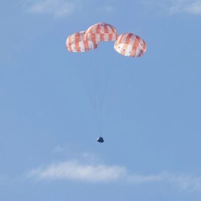 NASA’s Orion spacecraft with Artemis II crewmembers NASA astronauts Reid Wiseman, commander; Victor Glover, pilot; Christina Koch, mission specialist; and...
