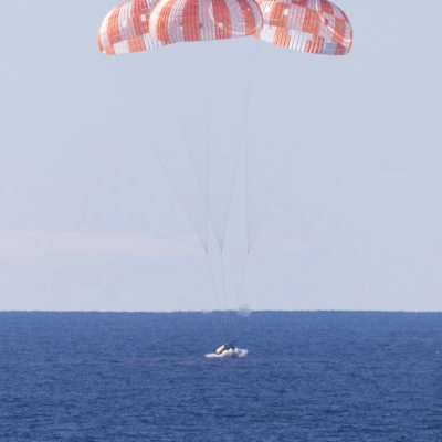 NASA’s Orion spacecraft with Artemis II crewmembers NASA astronauts Reid Wiseman, commander; Victor Glover, pilot; Christina Koch, mission specialist; and...