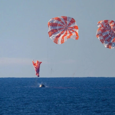 NASA’s Orion spacecraft with Artemis II crewmembers NASA astronauts Reid Wiseman, commander; Victor Glover, pilot; Christina Koch, mission specialist; and...