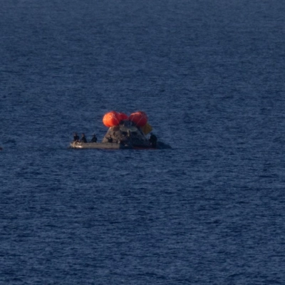 The inflatable front porch with Artemis II crewmembers NASA astronauts Reid Wiseman, commander; Victor Glover, pilot; Christina Koch, mission specialist;...