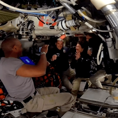 The Artemis II crew - NASA Astronaut Victor Glover  (far left), CSA (Canadian Space Agency) Astronaut Jeremy Hansen (center left) and...