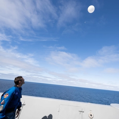 NASA Administrator Jared Isaacman launches a weather balloon for the 45th Weather Squadron from USS John P. Murtha as NASA...