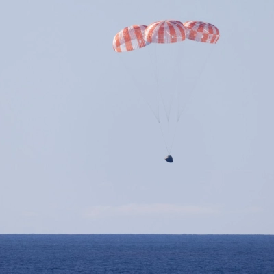 NASA’s Orion spacecraft with Artemis II crewmembers NASA astronauts Reid Wiseman, commander; Victor Glover, pilot; Christina Koch, mission specialist; and...