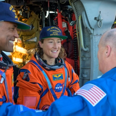NASA astronaut Victor Glover, Artemis II pilot, left, and NASA astronaut Christina Koch, Artemis II mission specialist are welcomed home...