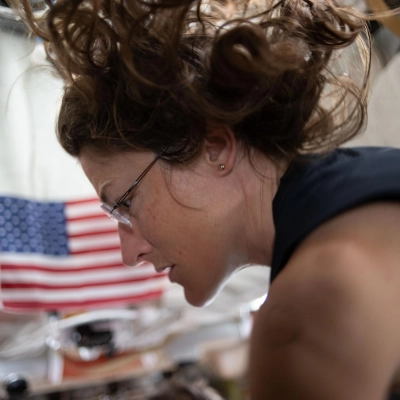 art002e009206 (April 4, 2026) - NASA astronaut and Artemis II mission specialist Christina Koch, seen here on the fourth day...