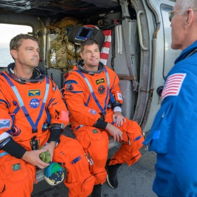NASA astronaut Victor Glover, Artemis II pilot, left, and CSA (Canadian Space Agency) astronaut Jeremy Hansen, Artemis II mission specialist,...